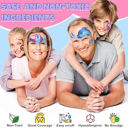 Drawdart Professional Face Painting Kit for Kids Adults, Rainbow Split Cake Face Paint Palette 12 x 10gm+ 4 Colors Pro Pressed Glitter Eyeshadow Palette, with Brushes Sponges Gems Stencils