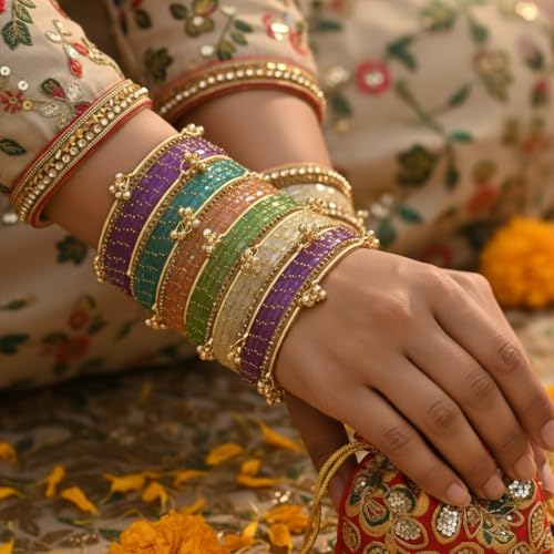 Image of Kashmiri Ghangharoo Glass Bangle Set for Women| Light Weight Bangles | Traditional Transparent Fancy Glass Chudi Set for Wedding, Party.