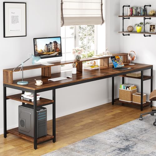 Image of Tribesigns Two Person Desk with Monitor Stand, 78.74 inch Long Double Computer Office Desk with Storage Shelves, Large Gaming Study Writing Table Workstation for Home Office (Rustic Brown)