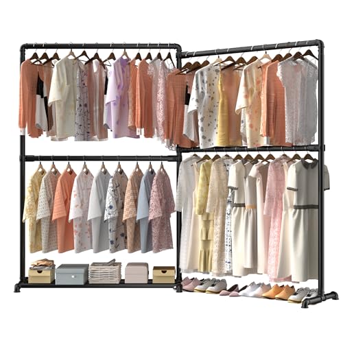 LOEFME Schwerlast Kleiderständer mit 360° klappbaren Seitenarmen, freistehende Metall Kleiderstange mit Bodenablage für Schlafzimmer oder...