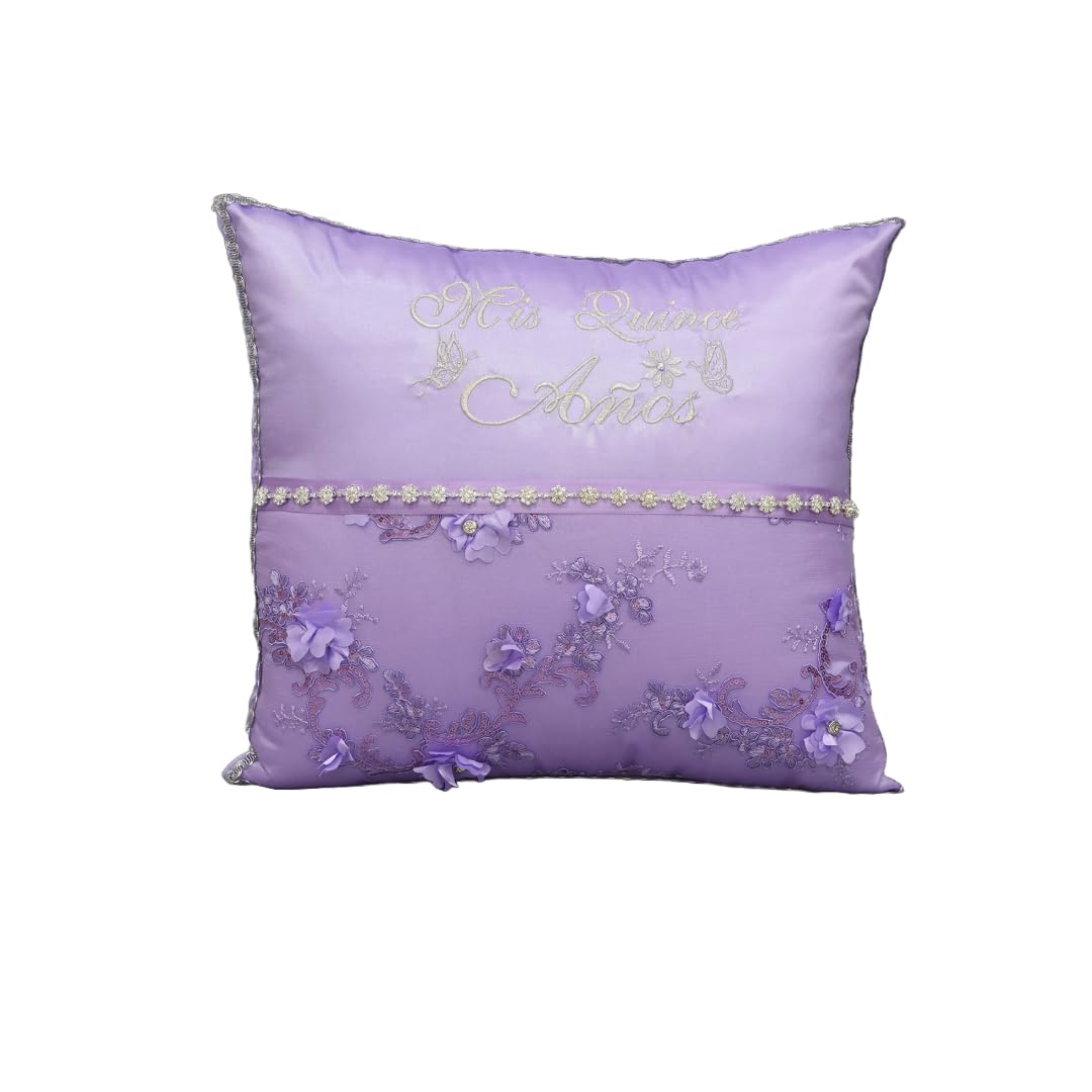 Quinceanera Kneeling Pillow embroidery in Lilac Silver Embroidered Lilac Quinceanera Kneeling Pillow Floral Design and Butterflies