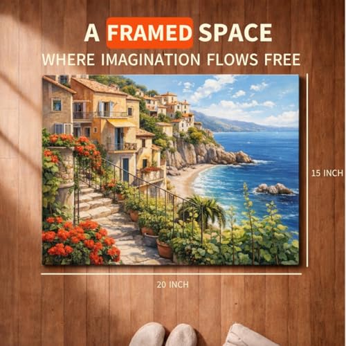 Image of Art Therapy Pcn30 Linen Canvas DIY Paint by Numbers Kit 15 x 20 Inch for Adults and Kids with 2 Set of Acrylic Oil Painting Colors with Brushes for Stress Relief & Home Decoration (Seaside Haven)