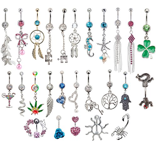 Jewelry Set of 25pcs 14 Gauge 316L Surgical Steel Belly Rings Navel Belly Button Piercings Bananabells Curved Barbells With Different Pendants Decorations and Crystals Rhinestones