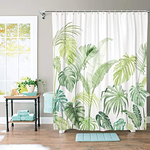 Plante Tropicale Feuillage Rideau de Douche Feuilles Jungle Monstera Feuille Rideau de Douche Palmier Salle de Bain Rideau avec Crochet Vert Blanc 90x190cm/35x75in(WxH) Cover
