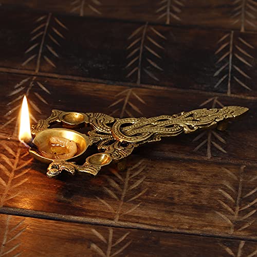 Image of eCraftIndia Golden Ethnic Carved Brass Diya with Handle for Pooja Room and Temples- Diwali Decoration Items for Home Decor- Gift for Diwali Housewarming