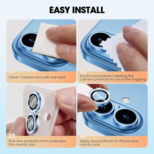 Image of for iPhone 16 /16 Plus Camera Lens Protector Bling Individual Metal Diamond Ring 9H Hardness Scratchproof Protector, Stylish Phone Accessories, Case Friendly (Blue Diamond)