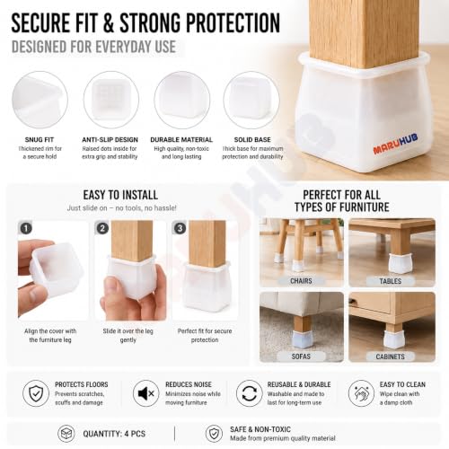 Image of MaruHub Non Slip Furniture Pads for Hardwood Floors, Furniture Leg Protectors for Chair, Table, Sofa, Silicone Leg Cover to Prevent Floor Scratches & Reduce Noise (Black, Model 19)