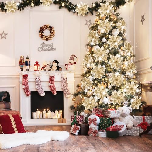 15 Pieces Glitter Poinsettia Christmas Decorations,Artificial Flowers Christmas Tree Ornaments,for New Year Wedding Xmas Wreath Home Party Decor (Gold) - Image 4