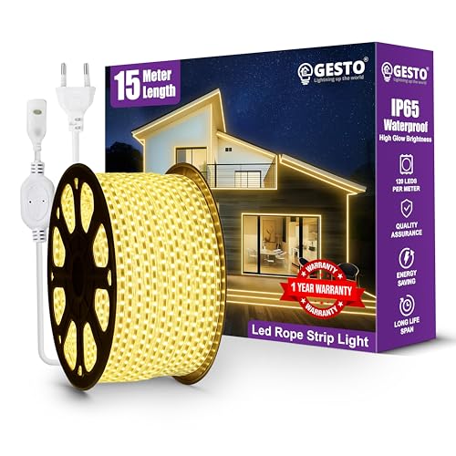 Image of Gesto 15 Meter Rope LED Strip Lights | 120 LED /Mtr Waterproof Outdoor Lights for Balcony, Home Decor, Cove Light for False Ceiling | Flexible, Cuttable Strip Light for Diwali Decoration - Warm White