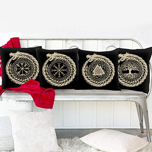 Nordics Vikings Runes Throw Pillow Covers Tree Of Life,Norse Fantasy Dragon Pillow Covers 4 Set Runic Compass Vegvisir Outdoor Pillow Cases Cushion Covers For Living Room Couch Sofa Gift(18 X18 Inch) #TOP3
