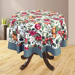 Bilberry Furnishing By Preeti Grover Cotton, Decorative Hand Made Cotton Fruit Print Round 4 Seater Table Cloth (Red and Green, 60 Inch)