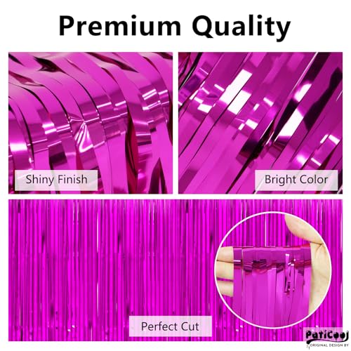 Image of Thicken Hot Pink Streamers 4 Pack 3.2x8.2 FT, Hot Pink Tinsel Fringe Backdrop Curtains for Birthday, Luau, Hawaiian Party Decorations