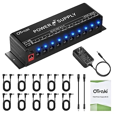 OTraki Guitar Pedal Power 10 Pcs Isolated Guitar Pedal Power Supply 9V 12V 18V100mA 500mA Effect Guitar Pedalboard Power Supplies Individual DC Output with Short Circuit Overcurrent Protection Black Cover