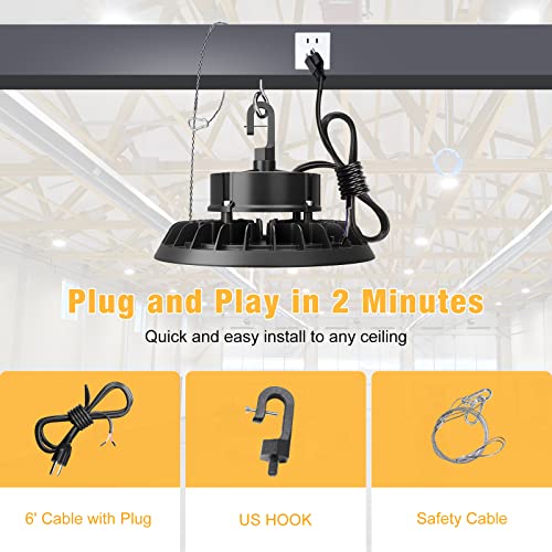 UFO LED High Bay Light 100W 4Pack, High Bay LED Shop Lights 14,000LM Dimmable, 6' Cable with US Plug, Hanging Hook, Safe Rope, ETL Listed LED High Bay Light for Warehouse Factory Barn Shop
