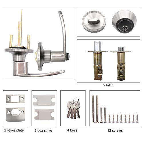 Front Door Entry Lever Lock Set and Single Cylinder Deadbolt Keyed Alike Combination Set, Satin Nickel