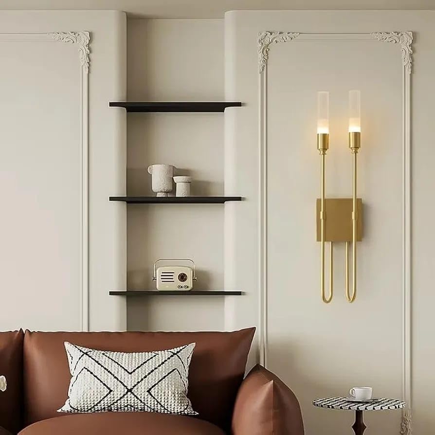 Image of Long Metal Wall Light, Double-Arrow Double Wall Sconce, Gold U-Shaped Fixture with Glass Shade, Contemporary Indoor Lighting for Bedroom, Living Room, Home Decoraiton with Bulbs, Golden