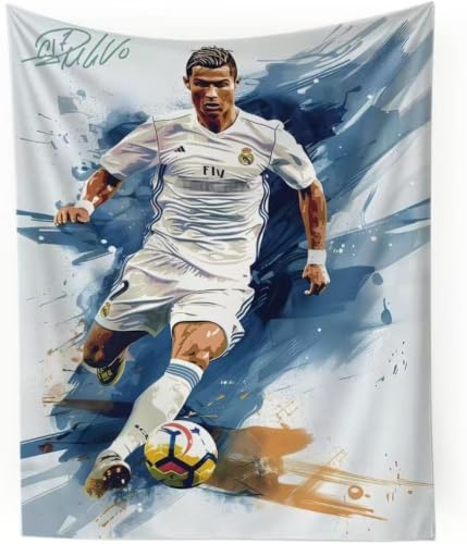 Cristiano Ronaldo World Cup Soccer Tapestry for Teens Fans - Single-Sided HD Fade-Resistant Print Machine Washable Polyester 4 Corner Grommets Indoor Wall Decor for Bedroom/Living Room 35.4x47.2 Inches (White)A