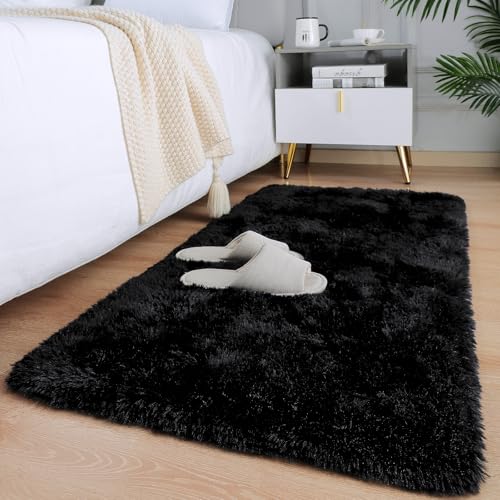 HOMORE Runner Rug 2x4 Black Rug for Bedroom, Fluffy Runner Rugs for Hallway Bedside, Long Rugs for Living Room Kids Room, Soft Carpet for Dorm Indroor Entrance