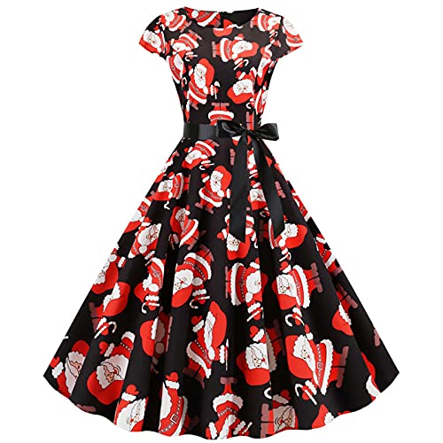 Christmas Short Sleeve Dress for Women O Neck Bow Tie Waist Dress Red Beanie Hat Letter Print Pleated Dress