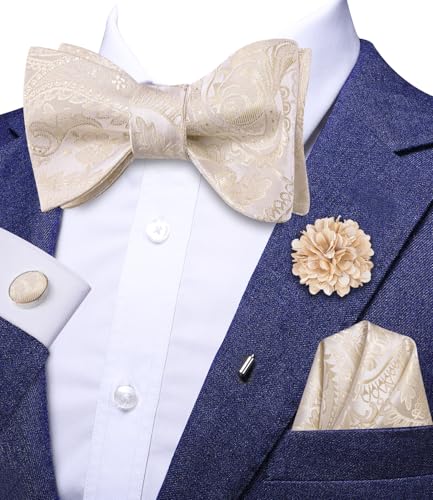 Image of Dubulle Self Tie Bow Ties and Lapel Pin for Men Paisley Solid Mens Bowtie and Handkerchief Cufflinks Set Wedding