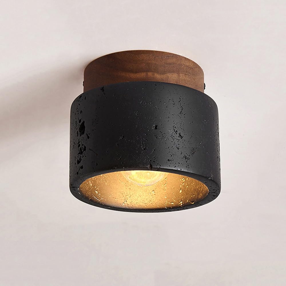LYMSXAZOU Natural Stone Flush Mount Ceiling Light Black Pendant Lamp with Wood ShadeCeiling Fixture for Restaurant Shop Hallway E27 Small Chandelier