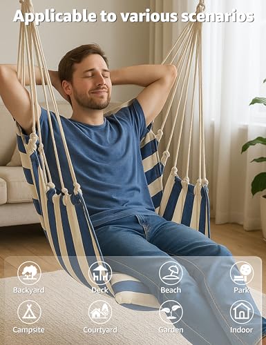 Hammock Chair Swing with Cushions & Pillows, 400 LBS Capacity Hanging Rope Chair, Soft Thick Cotton Hammock Chair for Indoor Outdoor Patio Bedroom Porch Garden (Blue White Stripes)
