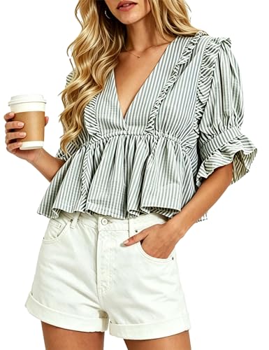 Image of Bozanly Womens Summer V Neck Short Sleeve Crop Tops Striped Shirts