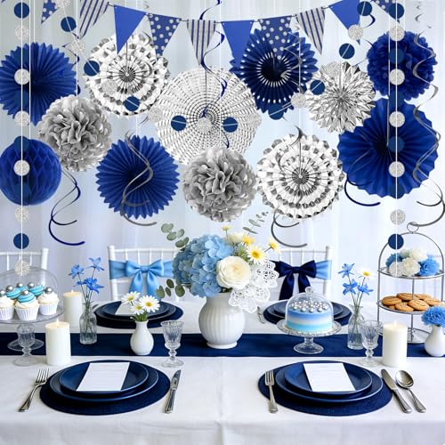 Image of 24 Pcs Blue Silver Party Decorations, Paper Fans Pom Poms Banner 8-16 in | Navy blue silver fans, pom poms, honeycomb balls, banner, spirals for graduation, birthday, retirement, wedding decor