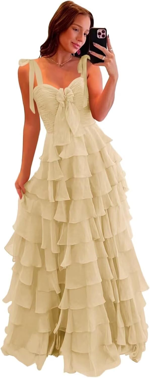 Women’s Chiffon Tiered Ruffles Prom Dresses 2025 Spaghetti Straps A-Line Long Formal Ball Gown with Slit