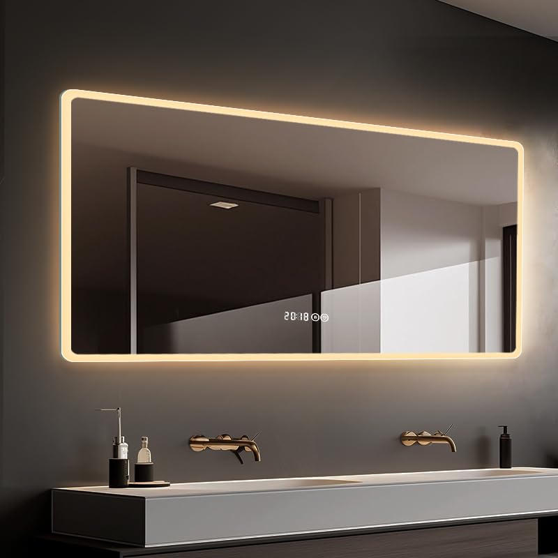 Store Six LED Specchio 150x80 cm, specchio da bagno con illuminazione frontale e posteriore, dimmabile touch, 3 colori, anti-appannamento, bordo gelido