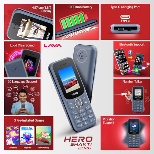 Image of Lava Hero Shakti 2026 Dual Sim Keypad Mobile Phone (with Vibration Alert) | 1.8 inch Display | Super Saving Battery Mode | Stylish Design | Number Talker | (Grey)| Type-C