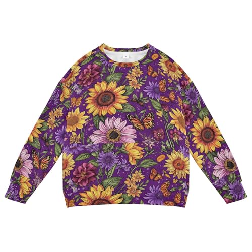 JUNZAN Autumn Sunflower Orchid Butterflies Purple Little Boys Pullover Hoodie Long Sleeve Sweatshirt With Hoodie Athletic 4T