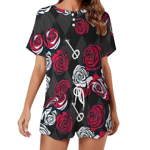 Pyjama court femme motif floral roses blanches et rouges idée cadeau