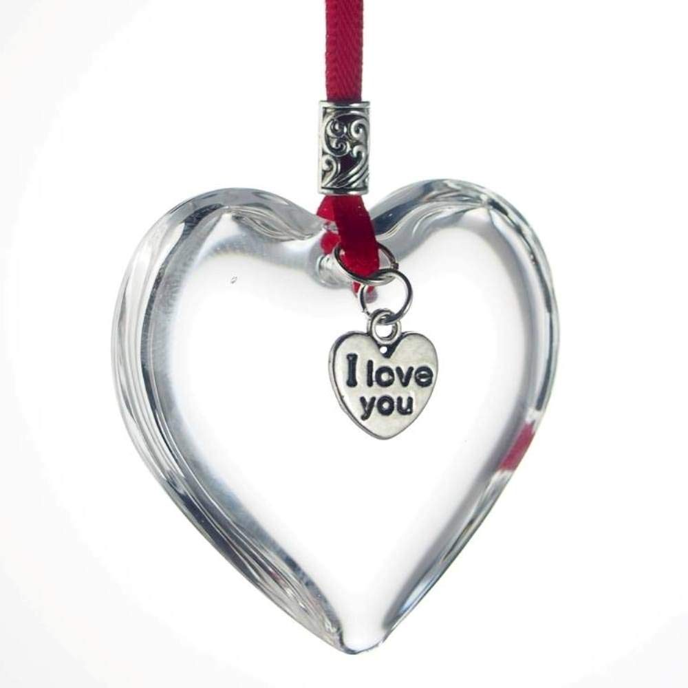 The Heart Shack Bright Red Ribbon I Love You Glass Hanging Heart Keepsake Gift