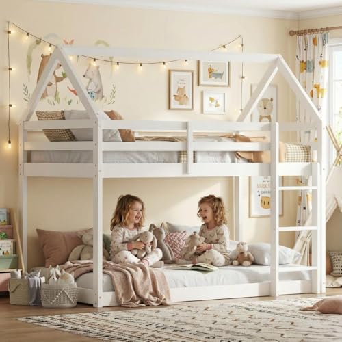 MoproBeti House Bunk Beds Twin Over Twin,Rubber Wood Tree House