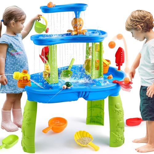 FRUSE Mesa de Agua para Niños,Mesa de Arena y Agua con 3 Niveles,Juegos de Agua para Niños Exterior de Verano al Aire Libre para Niños y Niñas de 3 4 5 6 7 8 años