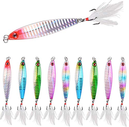Blei-Angellöffel, Metall-Langwerfer, Jigg-Köder, Kurbelköder, Spinnfischen, mit Drillingshaken, Federn, für Salzwasserangeln, 10 Stück, 13,9 g ~ 40 g Cover