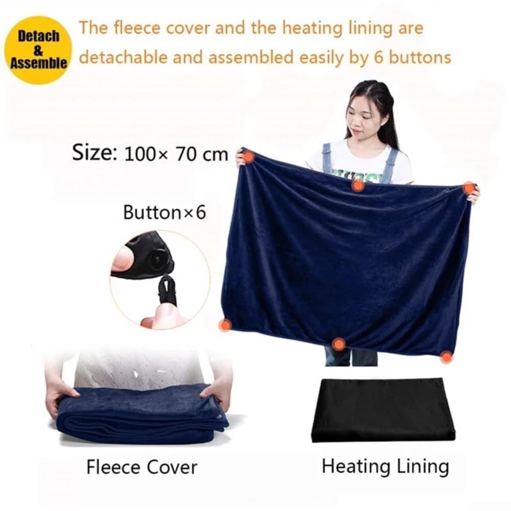 Coperta in flanella riscaldata con USB, 100 x 70 cm, portatile, indossabile, lavabile, calda, con riscaldamento in fibra di carbonio, temperatura regolabile, per campeggio, casa, ufficio