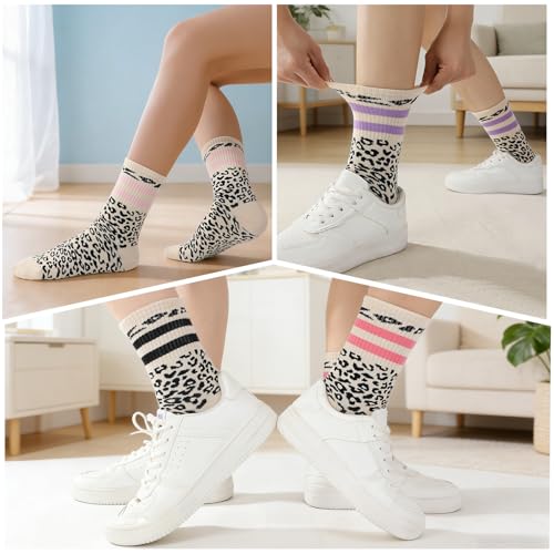 Utensilsto 6 Paare Tennissocken Damen Leoparden Sportsocken Leo Streifen Crew Socks Baumwolle Tennis Sport Socken für Damen Frauen, 39-42