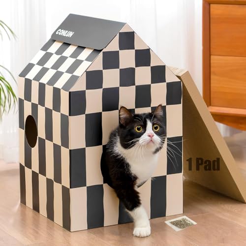 Conlun Maison pour Chat en Carton avec Griffoir et Herbe à Chat, Facile à Assembler, Idéale pour Décorer Votre Intérieur, Parfaite comme Cadeau...