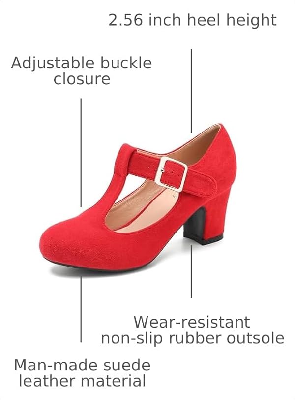Women's T-Strap Mary Jane Pumps Low Block Chunky Heels Closed Round Toe Ankle Strap Wedding Evening Party Dress Office Work Shoes Red Suede 37-6.5US by Eugisy - Used condition - Image 3