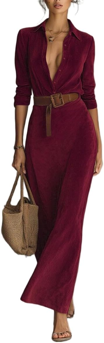 Womens Faux Suede Leather Dress Sexy Maxi Shirt Dress