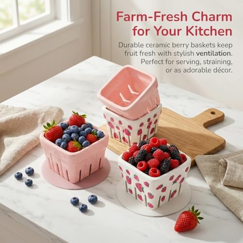 Image of Pumtus 4 Pack Ceramic Berry Baskets, 4.7 inch Square Fruit Bowl with Holes & Pads, Pink White Fridge Berry Container, Decorative Strawberry Grape Cherry Colander, Fruit Crate Holder for Gift Kitchen