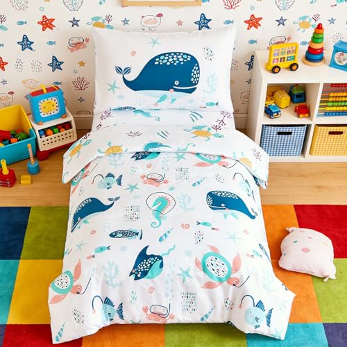 Image of PERFEMET 4 Pcs Toddler Bedding Set Ocean Themed Toddler Comforter for Girl Soft Reversible Under Sea Animals White Toddler Bed in A Bag for Boys Girls(White, Whales)