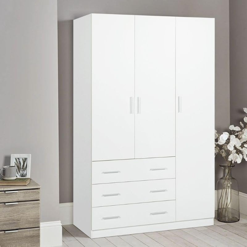 Buyqualia Armario Ropero Blanco 200x120x58 cm con 3 Puertas y 3 Cajones – Armario de Dormitorio Amplio y Funcional