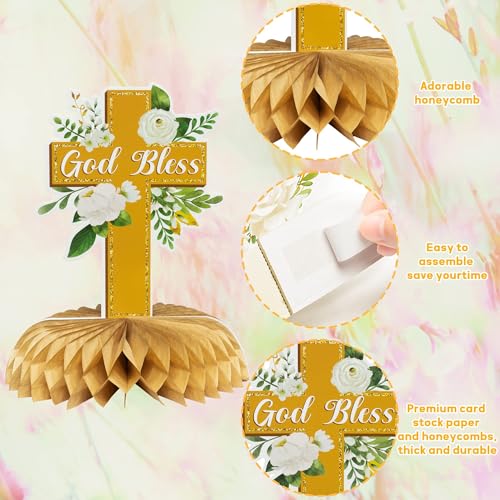 Image of ANGOLIO White Gold Floral Honeycomb Centerpieces - 12Pcs Cross Rose Greenery God Bless Baptism Party Decoration Baby Shower First Communion Birthday Party Supplies for Boy Girl 3D Wedding Table Topper