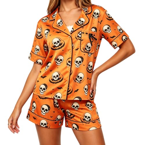 Image of Women Holiday Satin Pajamas Short Sleeve Shirts Shorts Set 2pc Loungewear