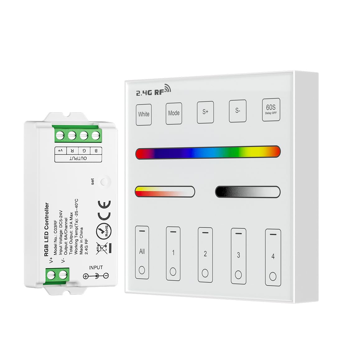 BTF-LIGHTING C03RF Tuya LED Controller FCOB SMD PWM RGB (+ R G B) 4PIN LED Strip, WR01RF RF 4 Zone Group Control RGB Wall Mounted Smart Panel Remote