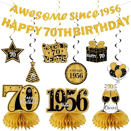Image of Kuxriox 11Pcs 70th Birthday Decorations Kit for Men Women, Black Gold Happy 70th Birthday Banner, Awesome Since 1956 Centerpieces Swirls Party Supplies, Seventy Bday Banner Ceiling Table Topper Sign