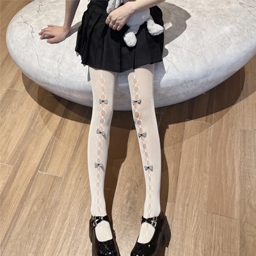 Image of SOLILOQUY Women's Lolita Pattern Tights Kawaii Velvet Bowtie Fishnet Stockings Leggings Mesh Pantyhose Hollow Out lace Socks